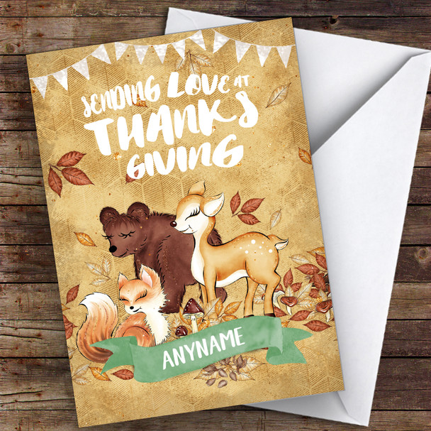 Cute Woodland Animals Sending Love Personalised Happy Thanksgiving Card