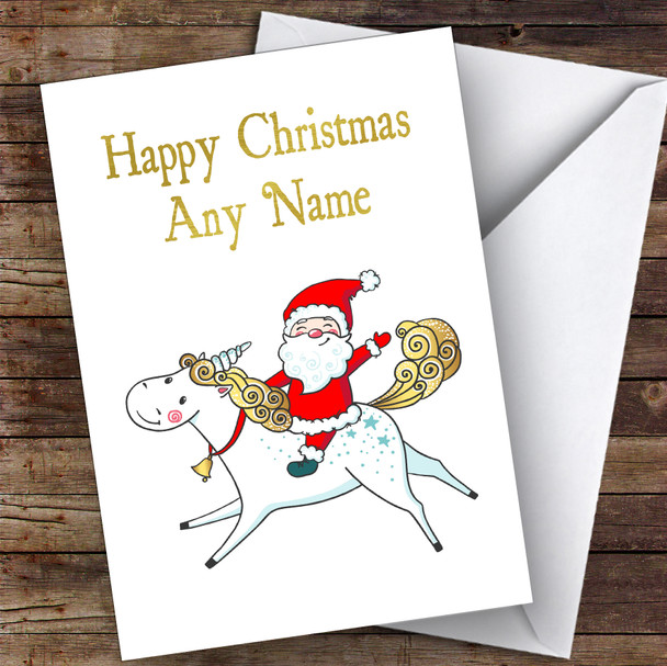 Santa Riding Unicorn Children's Personalised Christmas Card