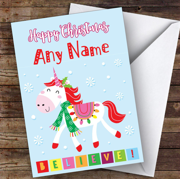 Unicorn Snow Believe Children's Personalised Christmas Card