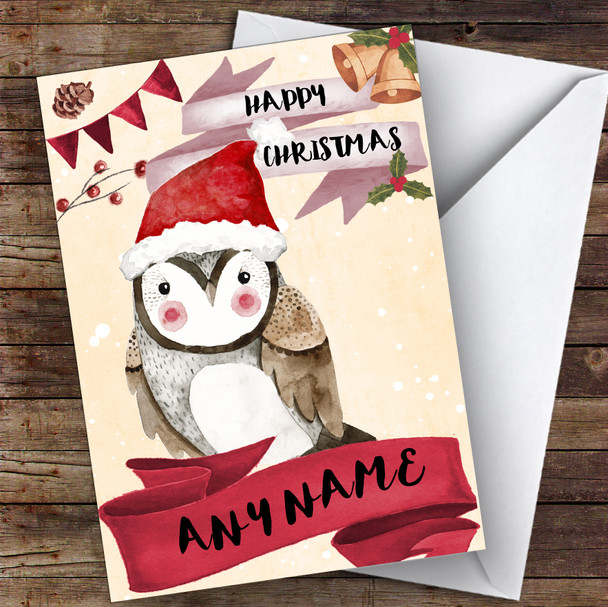 Watercolour Snowy Owl Cute Personalised Christmas Card