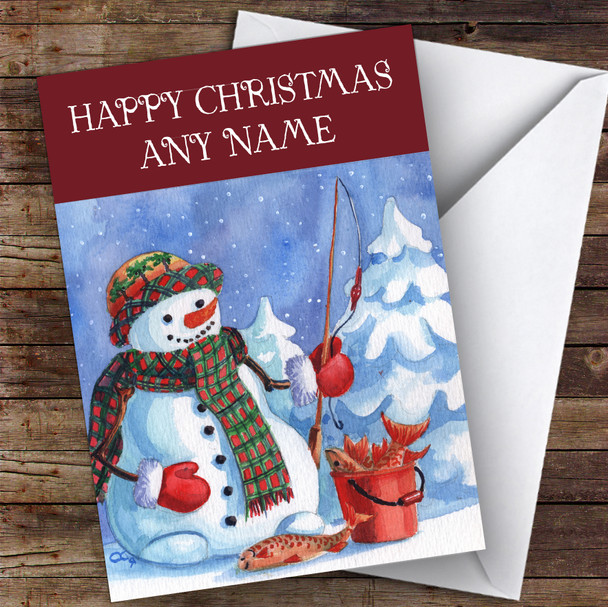 Watercolour Fishing Snowman Hobbies Personalised Christmas Card