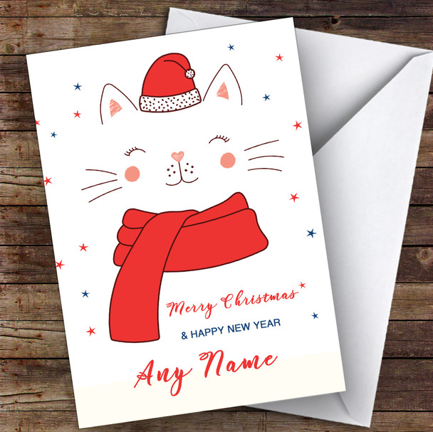 Cat In Hat Heart Nose Modern Personalised Christmas Card