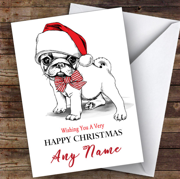 Doodle Pug Dog In Hat Modern Personalised Christmas Card