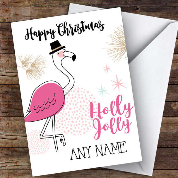 Flamingo Holly Jolly Modern Personalised Christmas Card