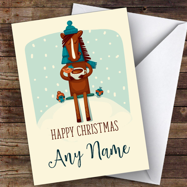 Horse Drinking Coco Modern Personalised Christmas Card