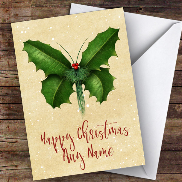 Holly Butterfly Modern Personalised Christmas Card