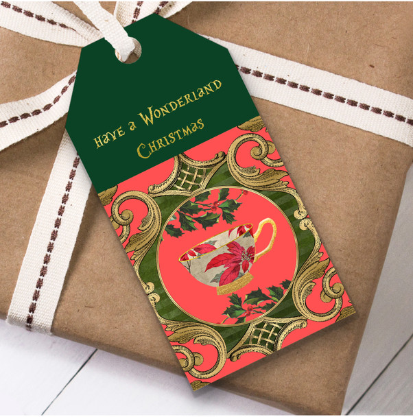 Alice In Wonderland Green Red Gold Cup Christmas Gift Tags