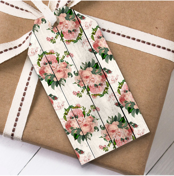 Wood And Pink Flowers Christmas Gift Tags