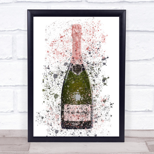 Watercolour Splatter Bollinger Rose Champagne Bottle Wall Art Print