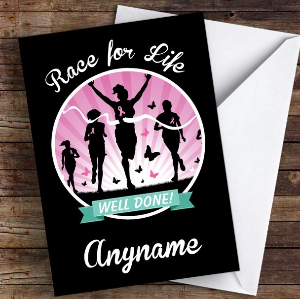 Race For Life Runners With Butterflies Well Done Personalised Greetings Card