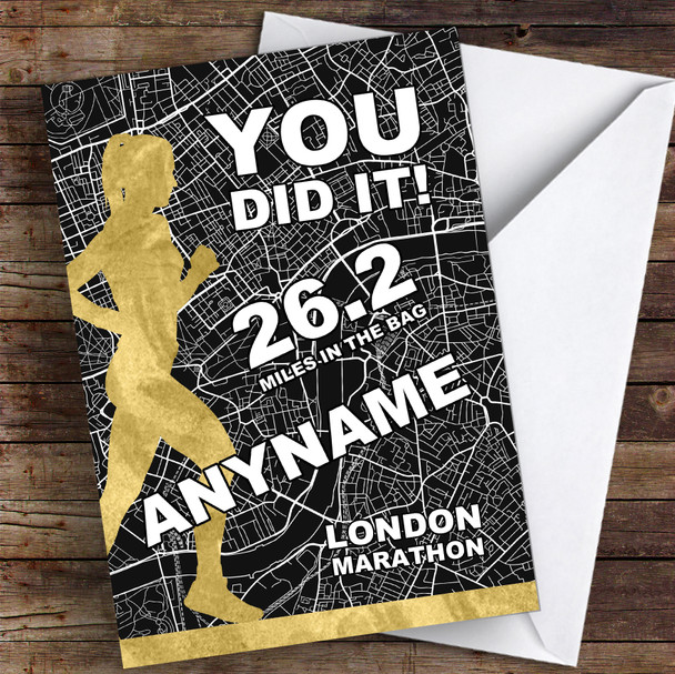London Marathon Black and Gold Style Female Congratulations Personalised Card