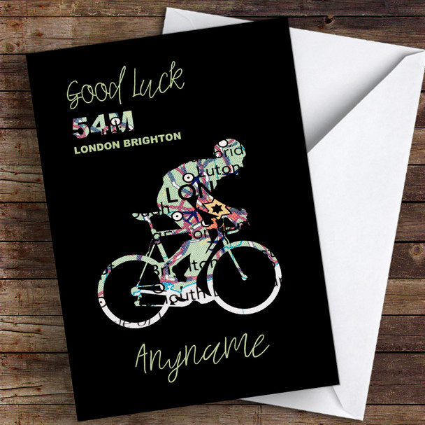 London To Brighton Bike Ride Map Silhouette Personalised Good Luck Card