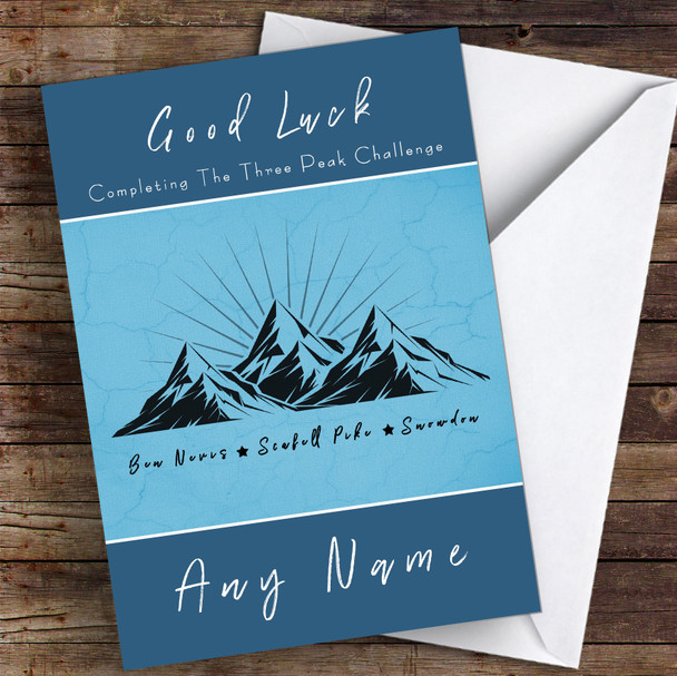Completing The Three Peak Challenge Blue Personalised Good Luck Card
