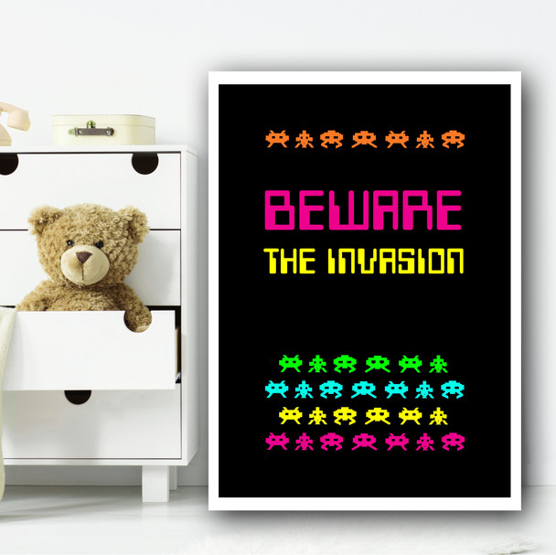 Space Invaders Neon 2 Children's Nursery Bedroom Wall Art Print
