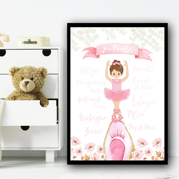 Ballerina Brown Hair En Pointe Children's Nursery Bedroom Wall Art Print