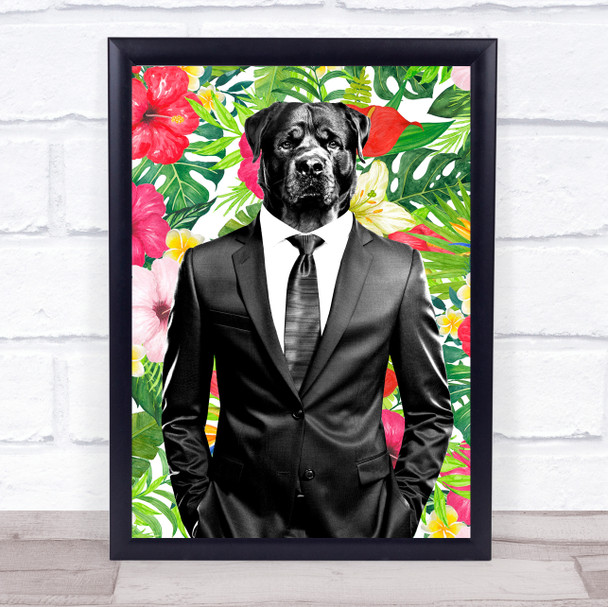 Rottweiler Dog In Suit Retro Floral Decorative Wall Art Print