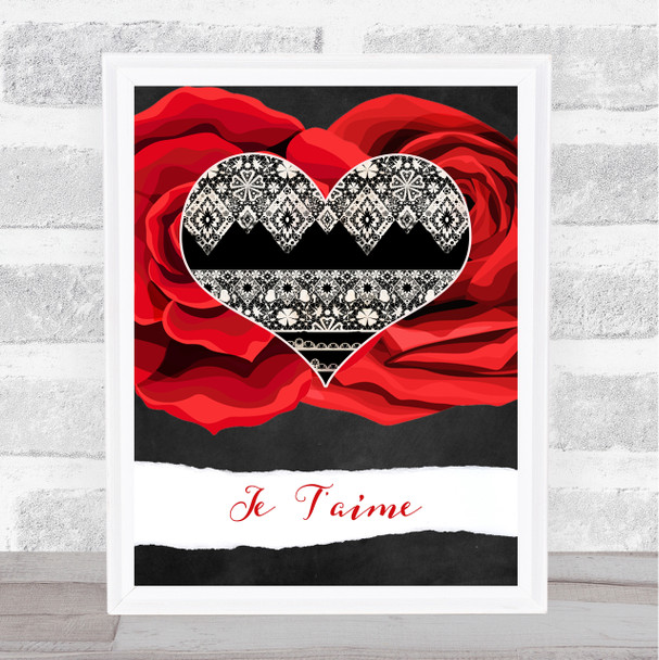 Je Taime Gothic Roses and Burlap Heart Decorative Wall Art Print