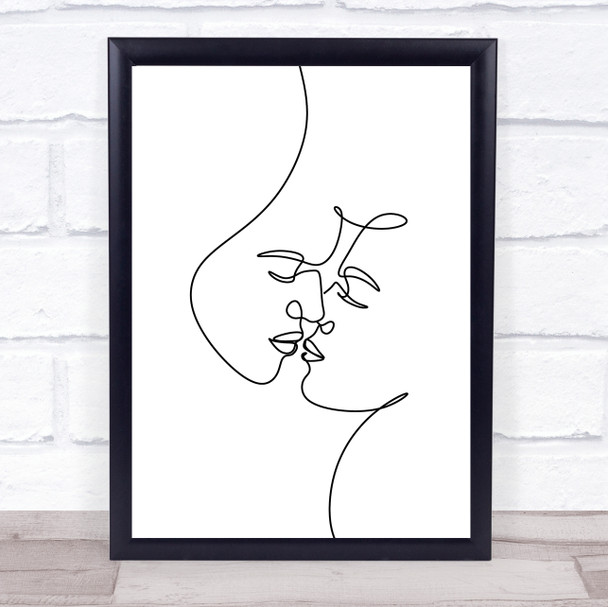 Black & White Line Art Lovers Kissing Faces Decorative Wall Art Print