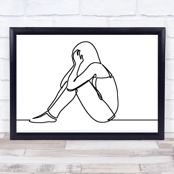 Black & White Line Art Sad Depressed Lady Decorative Wall Art Print