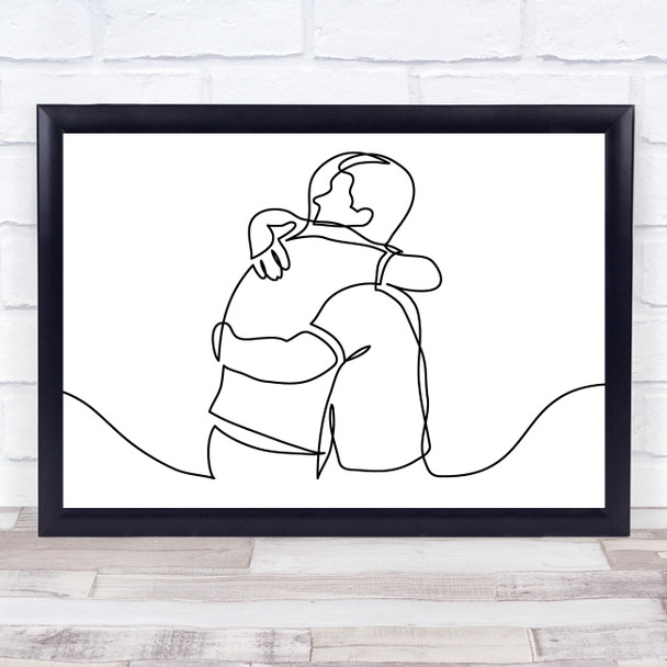 Black & White Line Art Two Men Embracing Decorative Wall Art Print