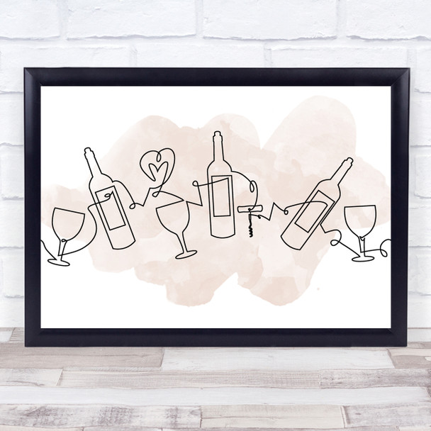 Watercolour Line Art Wine And Glasses Decorative Wall Art Print
