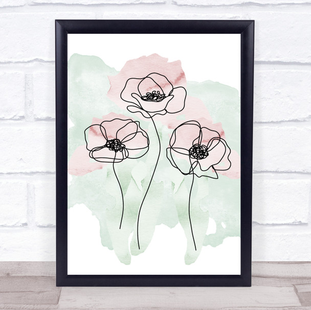 Watercolour Line Art Three Poppies Decorative Wall Art Print