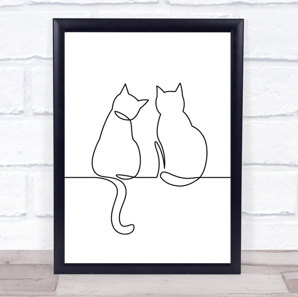 Black & White Line Art Two Cats Decorative Wall Art Print