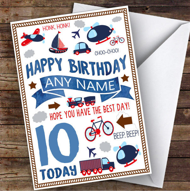 Plane Train Boat Transport Any Age and Name Personalised Children's Birthday Card