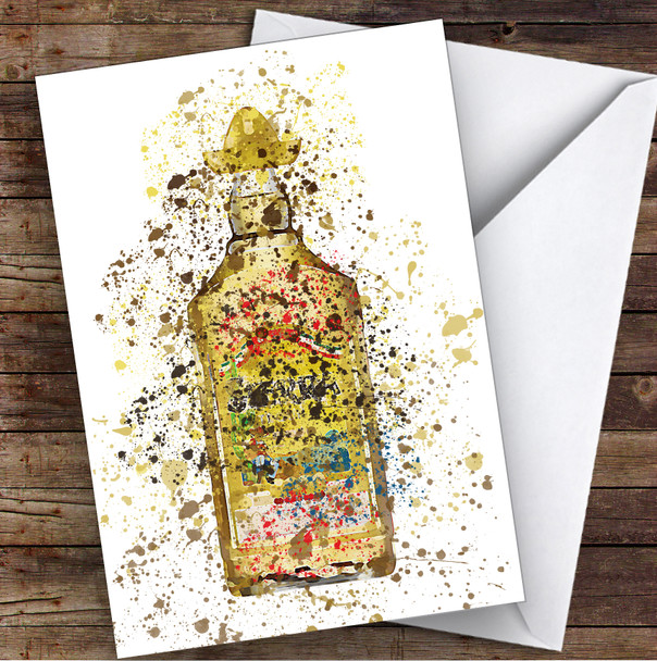 Watercolour Splatter Golden Mexican Tequila Bottle Personalised Birthday Card