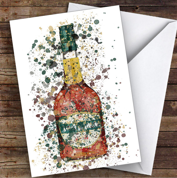 Watercolour Splatter Over A Barrel Brandy Bottle Personalised Birthday Card