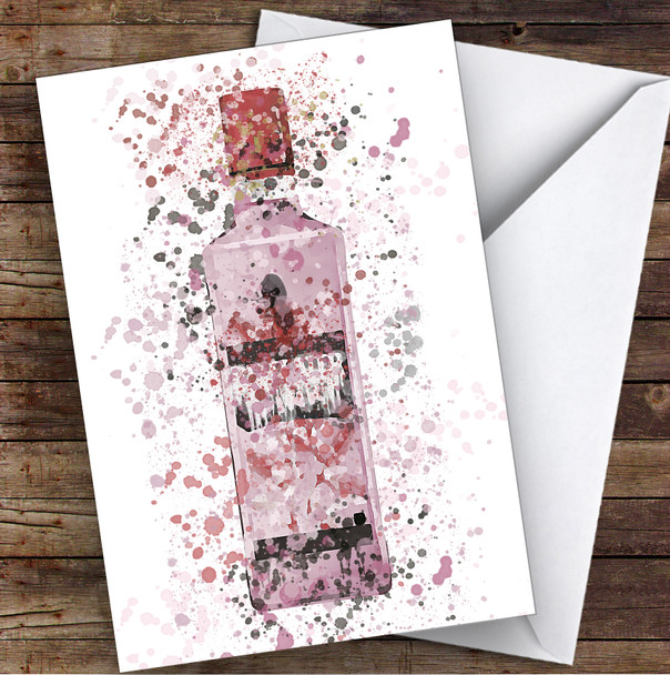 Watercolour Splatter London Pink Gin Bottle Personalised Birthday Card