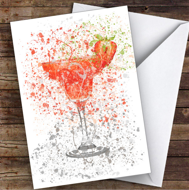 Watercolour Splatter Strawberry Daiquiri Cocktail Glass Birthday Card