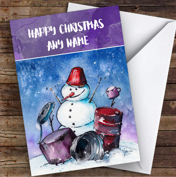 Snowman Playing Drums Personalised Christmas Card