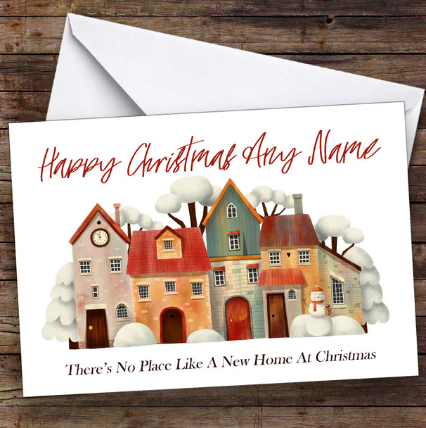Houses and Snowman New Home At Christmas Personalised New Home Christmas Card
