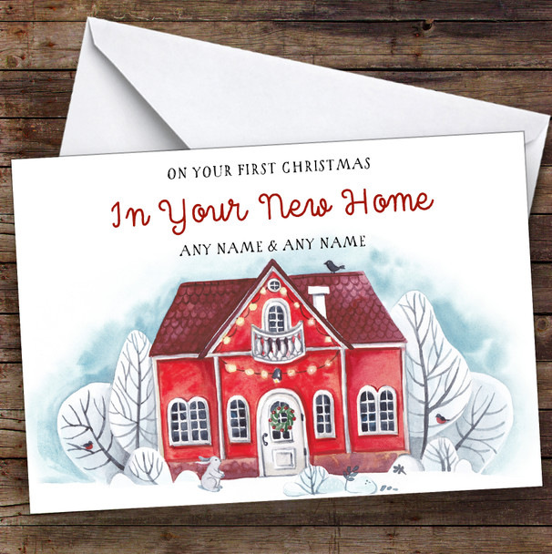 Red House First Christmas In New Home Personalised New Home Christmas Card