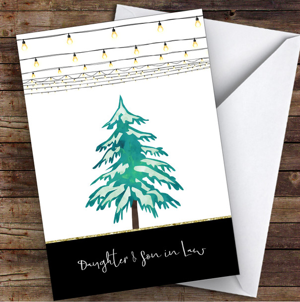 Daughter & Son In Law Modern Christmas Lights & Tree Personalised Christmas Card