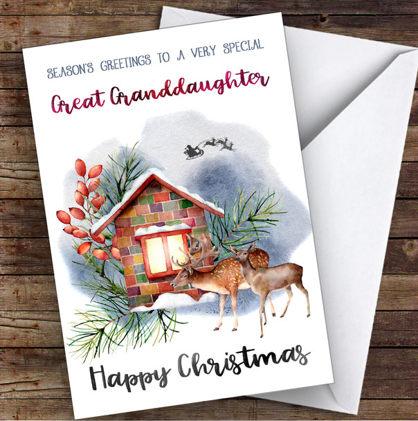 Watercolour Deer To Very Special Great Granddaughter Personalised Christmas Card
