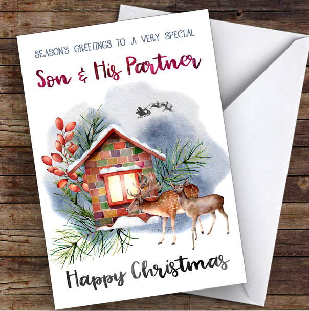 Watercolour Deer To Very Special Son and His Partner Personalised Christmas Card