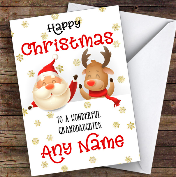 Cute Santa & Reindeer Peeping Granddaughter Personalised Christmas Card