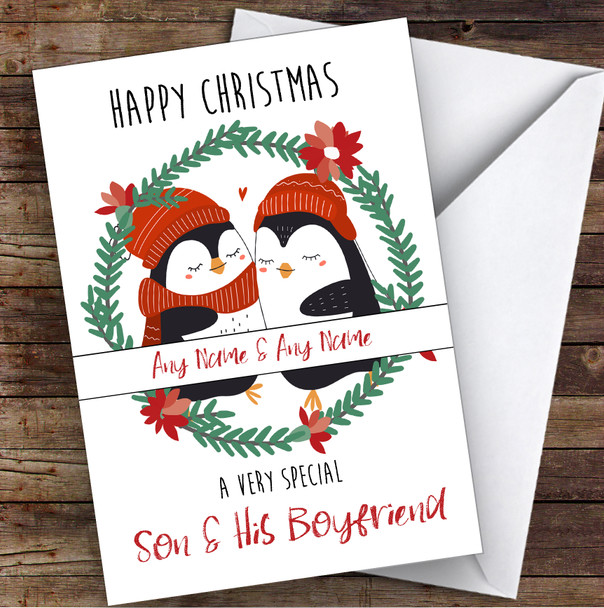 Cuddling Penguins Cute Son & His Boyfriend Personalised Christmas Card
