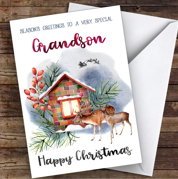 Watercolour Deer To Very Special Grandson Personalised Christmas Card