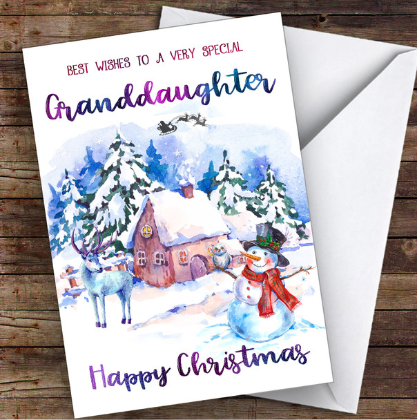 Watercolour Snowman Special Granddaughter Personalised Christmas Card