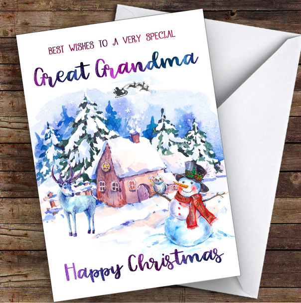 Watercolour Snowman Special Great Grandma Personalised Christmas Card