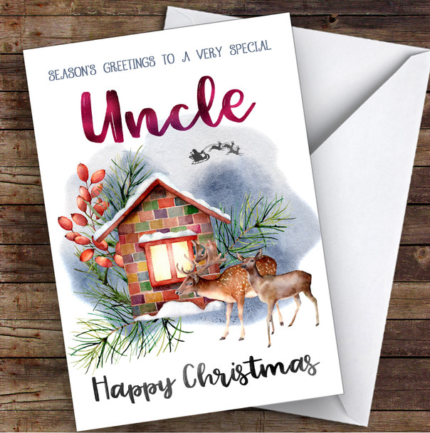 Watercolour Deer To Very Special Uncle Personalised Christmas Card