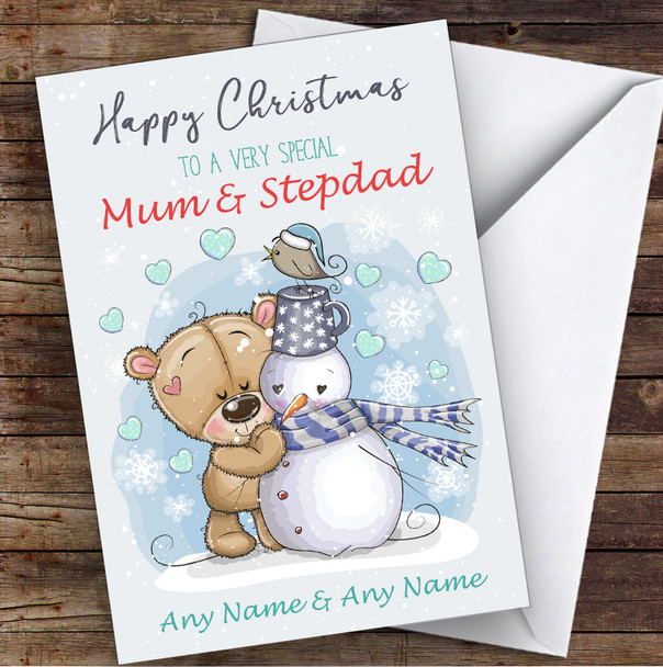 Bear & Snowman Romantic Mum & Stepdad Personalised Christmas Card