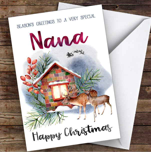 Watercolour Deer To Very Special Nana Personalised Christmas Card