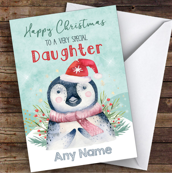 Watercolour Penguin Special Daughter Personalised Christmas Card