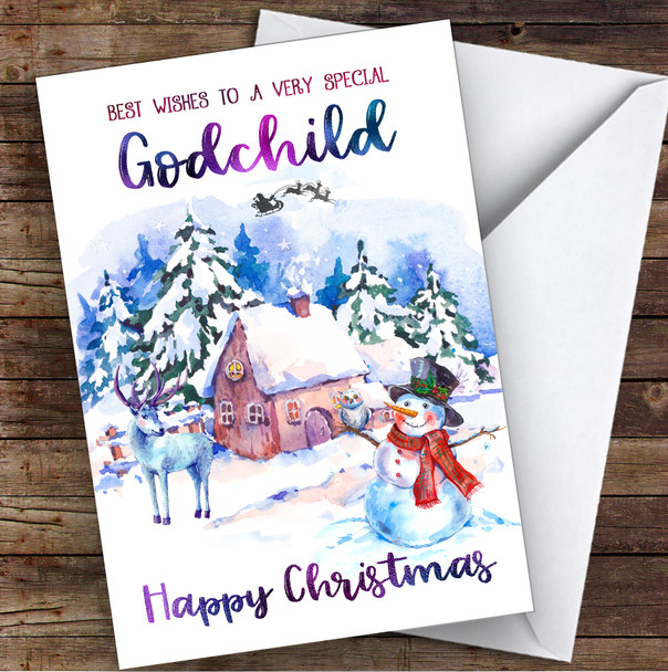 Watercolour Snowman Special Godchild Personalised Christmas Card