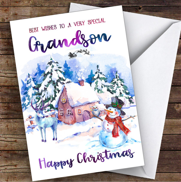 Watercolour Snowman Special Grandson Personalised Christmas Card