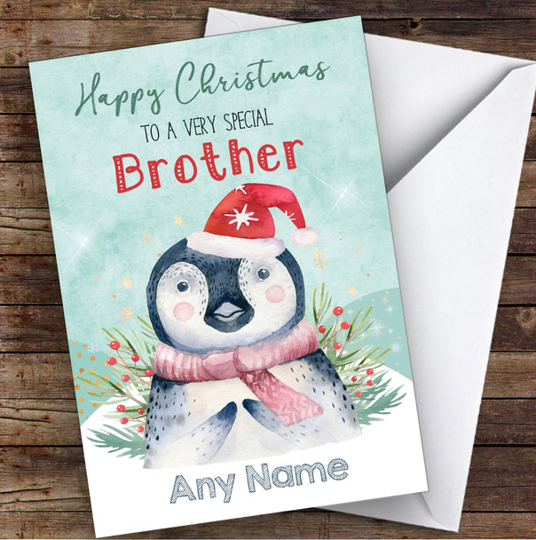 Watercolour Penguin Special Brother Personalised Christmas Card
